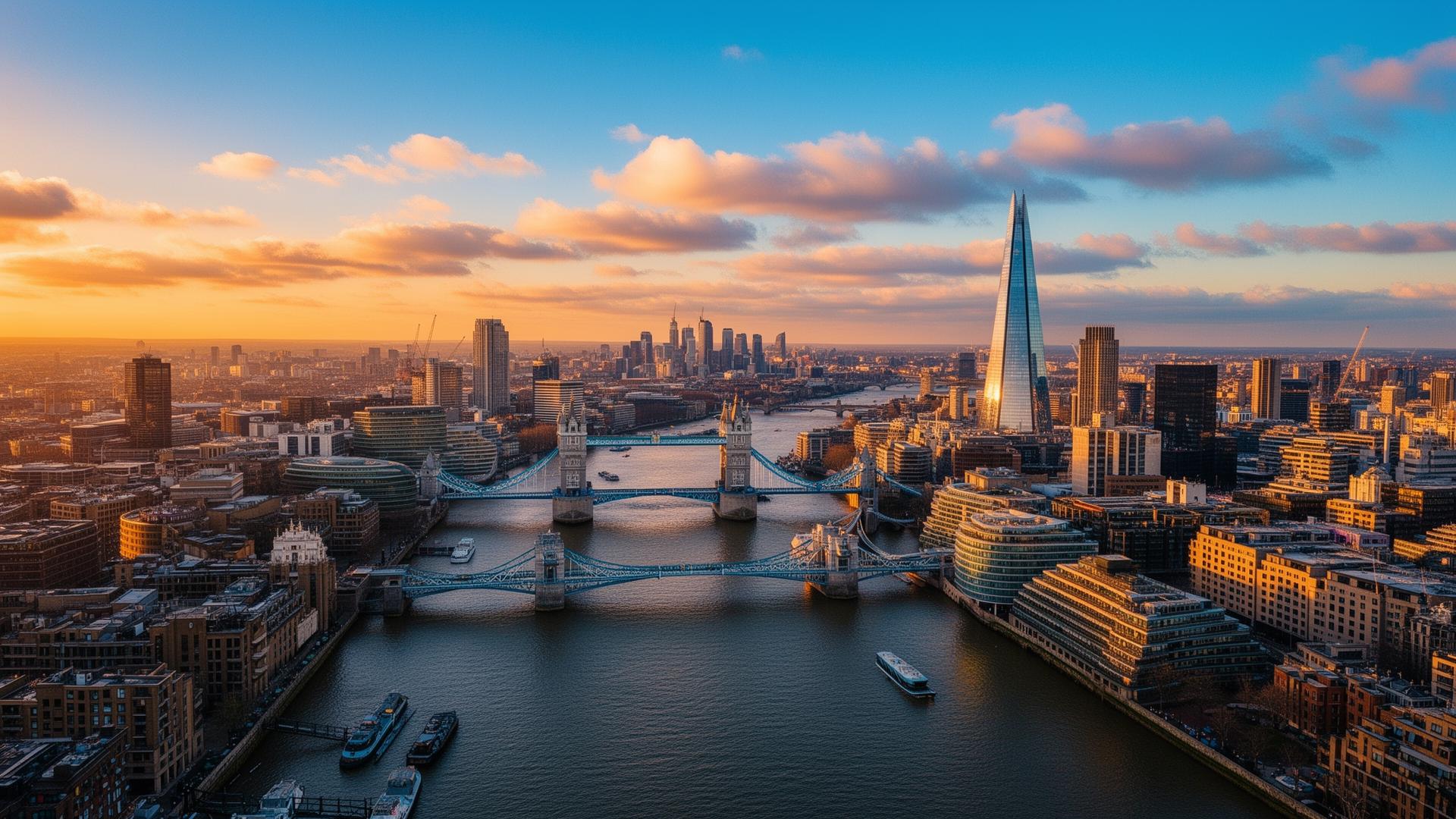 London skyline at golden hour with Tower Bridge and the Shard